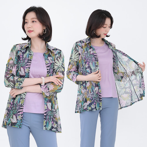 애비뉴투지 엄마옷 하와이 프린트 망사 시스루 여름 칠부소매 셔츠 카라 재킷 J06111 50대 60대 중년여성