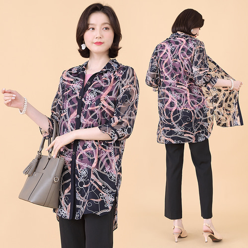마몽 프린트 시스루 여성 여름 칠부 셔츠 카라 재킷 J06108