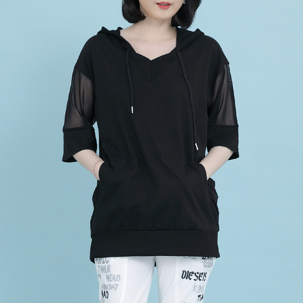 시스루 후드 소매 망사 루즈핏 여성 여름 반팔 롱 티셔츠 A07152