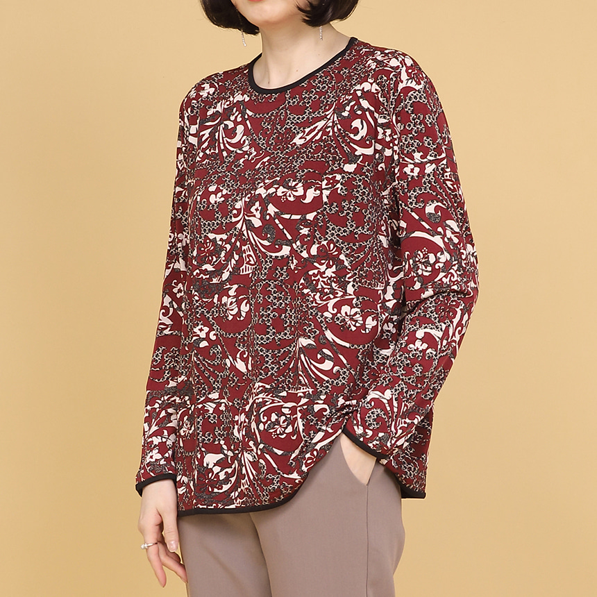 기하학 프린트 여성 봄 가을 긴팔 라운드 티셔츠 A01331
