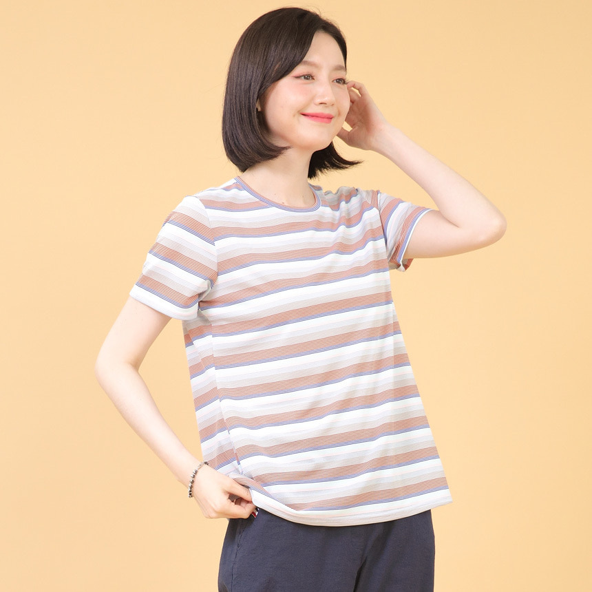 이지케어 면혼방 여성 여름 반팔 스트라이프 티셔츠 A07304
