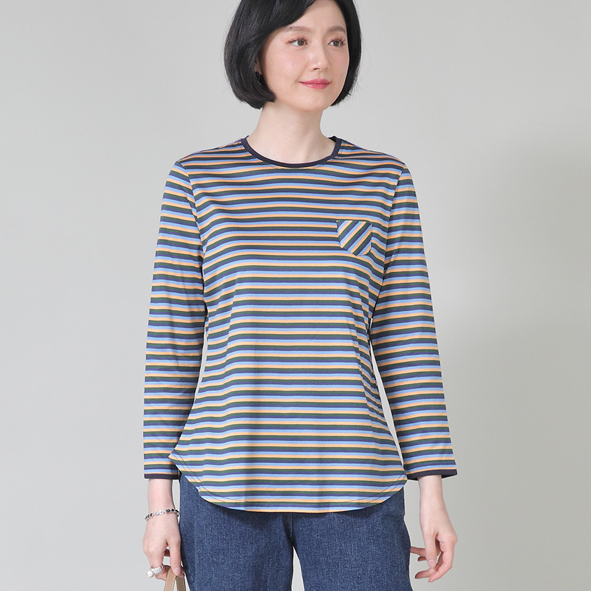 실켓면 멀티 스트라이프 줄무늬 여성 봄 가을 라운드 긴팔 티셔츠 A10360