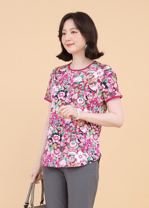 작약 꽃 실켓 면 여성 여름 반팔 라운드 티셔츠 A05122