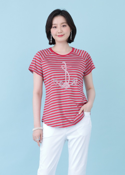 애비뉴투지 엄마옷 세인트 입체 닻 자수 여름 반팔 단가라 라글란 티셔츠 A06127 50대 60대 중년여성의류