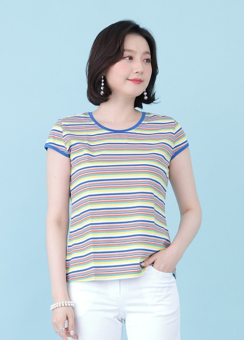애비뉴투지 엄마옷 마리나 면 스트라이프 여성 여름 반팔 라운드 티셔츠 A06129 50대 60대 중년여성의류