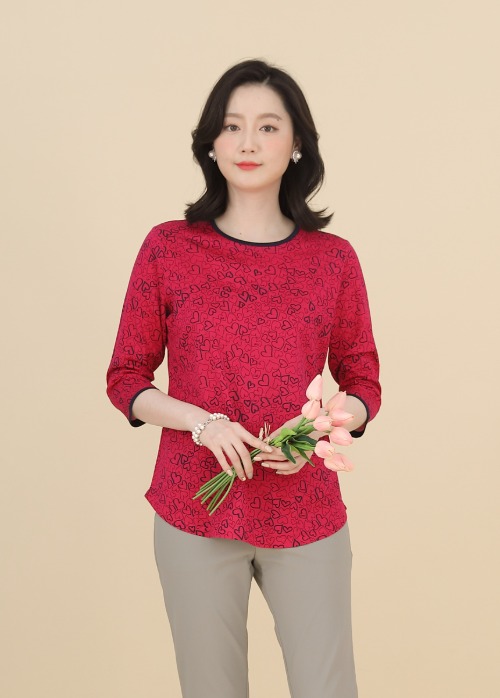 애비뉴투지 엄마옷 하트 실켓 면 여성 봄 가을 라운드 칠부 체리핑크 티셔츠 A02135 50대 60대 중년여성