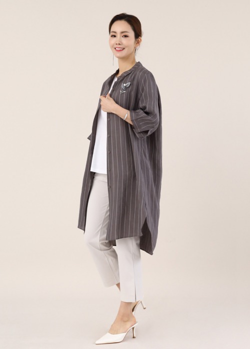 애비뉴투지 엄마옷 여름 인견 아이스 차이나카라 줄무늬 롱 셔츠 재킷 J05007 50대 60대 중년여성의류