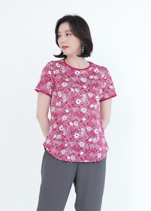 민들레 실켓 면 여성 여름 반팔 라운드 꽃 티셔츠 A06151