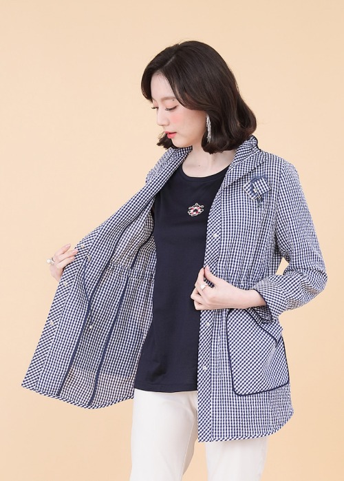 애비뉴투지 엄마옷 시어서커 브로치 여름 9부소매 깅엄 체크 캐쥬얼 재킷 J05114 50대 60대 중년여성의류