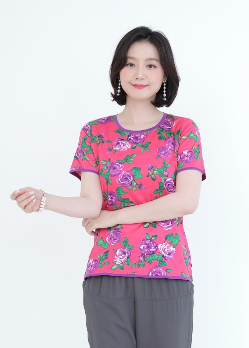 로제 실켓 면 여성 여름 반팔 엄마옷 꽃 티셔츠 A06112