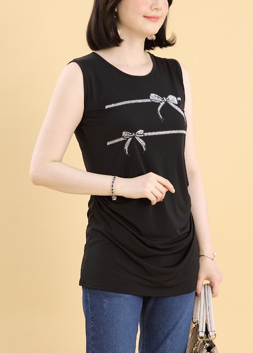 애비뉴투지 엄마옷 리본 핫픽스 보석 민소매 나시 여성 여름 롱 셔링 티셔츠 A04221 50대 60대 중년여성