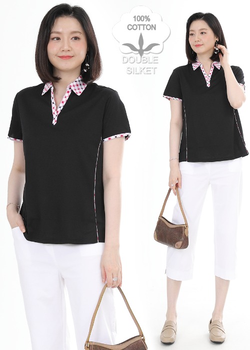 애비뉴투지 엄마옷 브이 카라넥 체크배색 블랙 여성 여름 반팔 티셔츠 A07255 50대 60대 중년여성