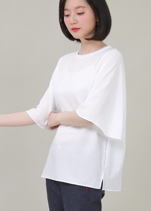 천사 날개 쉬폰 5부 반팔 소매 여성 여름 크루넥 기본 티셔츠 A07326