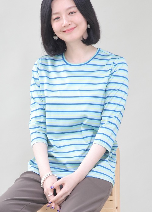기획 실켓면 스트라이프 줄무늬 여성 봄 여름 가을 칠부 라운드 티셔츠 A03405