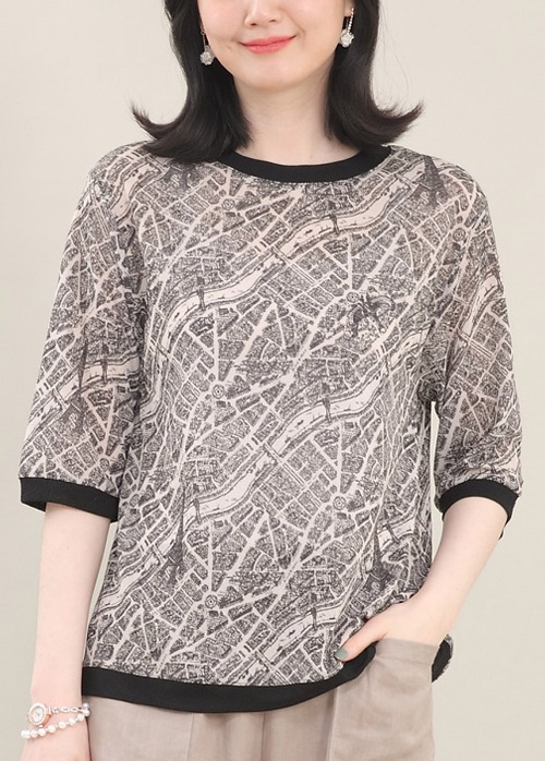 애비뉴투지 엄마옷 맵 프린트 고실한 얇은 여성 봄 여름 칠부 라운드 티셔츠 A05401