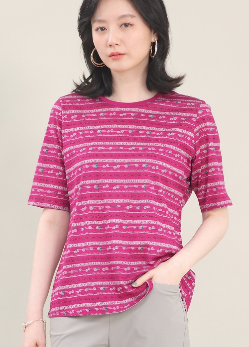 애비뉴투지 엄마옷 실켓 면 체리 핑크 플라워 라운드 여성 여름 반팔 5부 티셔츠 A05425